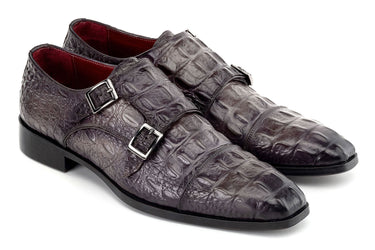 Paul Parkman Double Monkstrap Shoes Crocodile Textured Leather in Grey