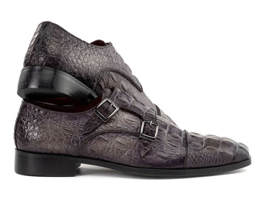Paul Parkman Double Monkstrap Shoes Crocodile Textured Leather in Grey