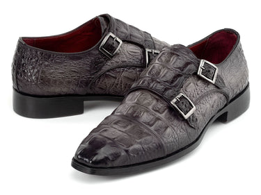 Paul Parkman Double Monkstrap Shoes Crocodile Textured Leather in Grey