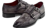 Paul Parkman Double Monkstrap Shoes Crocodile Textured Leather in Grey