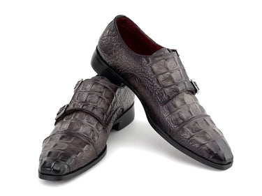 Paul Parkman Double Monkstrap Shoes Crocodile Textured Leather in Grey