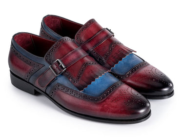 Paul Parkman Men's Kiltie Monkstrap Leather Shoes in Blue & Burgundy