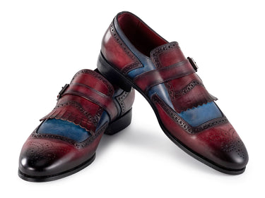 Paul Parkman Men's Kiltie Monkstrap Leather Shoes in Blue & Burgundy
