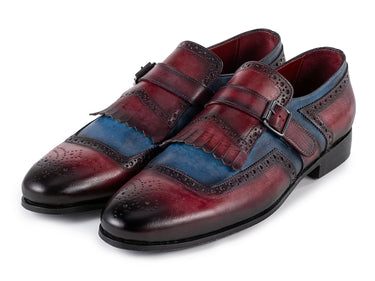 Paul Parkman Men's Kiltie Monkstrap Leather Shoes in Blue & Burgundy