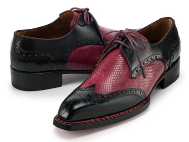 Paul Parkman Men's Hand-Welted Leather Wingtip Derby Shoes in Black & Red