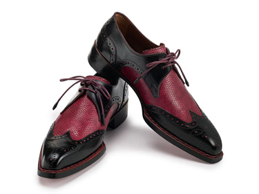 Paul Parkman Men's Hand-Welted Leather Wingtip Derby Shoes in Black & Red