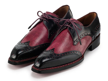 Paul Parkman Men's Hand-Welted Leather Wingtip Derby Shoes in Black & Red