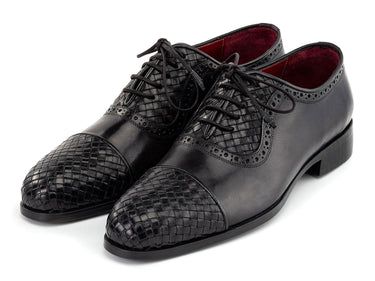 Paul Parkman Men's Woven Leather Cap Toe Oxford Shoes in Black