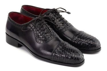 Paul Parkman Men's Woven Leather Cap Toe Oxford Shoes in Black