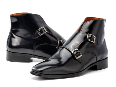Paul Parkman Double Monkstrap Polished Leather Ankle Boots in Black
