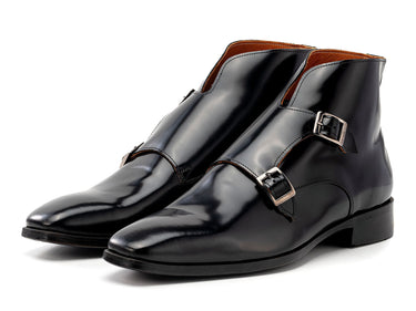 Paul Parkman Double Monkstrap Polished Leather Ankle Boots in Black