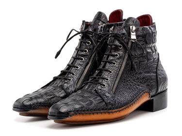 Paul Parkman Crocodile Textured Leather Men's Zipper Boots in Black