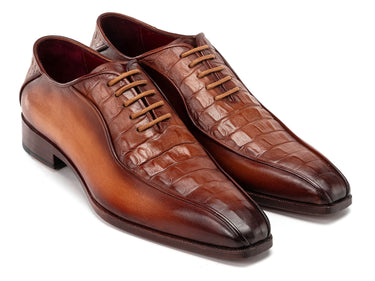 Paul Parkman Men's Camel Brown Croco Textured Leather Bicycle Toe Oxfords (ID#94-255)
