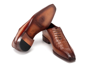 Paul Parkman Men's Camel Brown Croco Textured Leather Bicycle Toe Oxfords (ID#94-255) — view 3