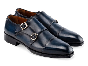 Paul Parkman Men's Goodyear Welted Double Monkstrap Shoes in Navy Blue in Navy Blue