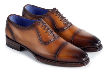 Paul Parkman Men's Goodyear Welted Burnished Cap Toe Oxfords in Camel Brown