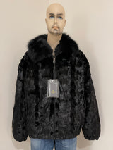 Calvere Furs Men's Diamond Mink Jacket with Fox Collar in Black