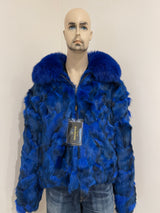 Calvere Furs Men's Fox Bomber Jacket with Full Skin Fox Collar in Royal Blue