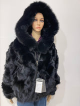 Calvere Furs Women's Fox Bomber Jacket with Hood in Black
