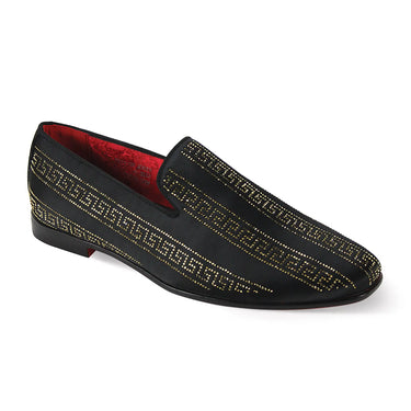 After Midnight Vito Velvet Rhinestone Slip-On Smoking Loafers in Black / Gold #color_ Black / Gold