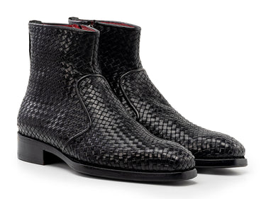 Paul Parkman Woven Leather Goodyear Welted Zipper Boots in Black