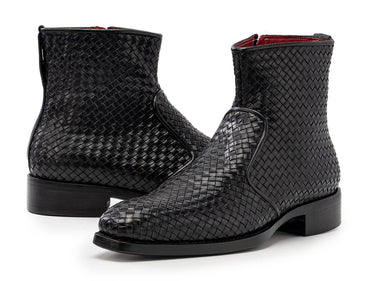 Paul Parkman Woven Leather Goodyear Welted Zipper Boots in Black