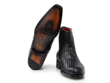 Paul Parkman Woven Leather Goodyear Welted Zipper Boots in Black