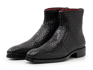 Paul Parkman Woven Leather Goodyear Welted Zipper Boots in Black