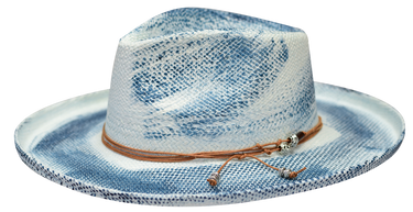 Bruno Capelo Bourbon Wide Brim Straw Fedora in Light Blue Denim Blue