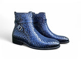 Basket Weave Calfskin Buckle Boot in Navy