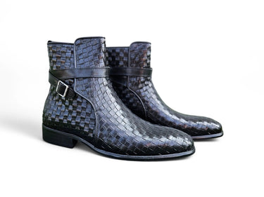 Basket Weave Calfskin Buckle Boot in Black