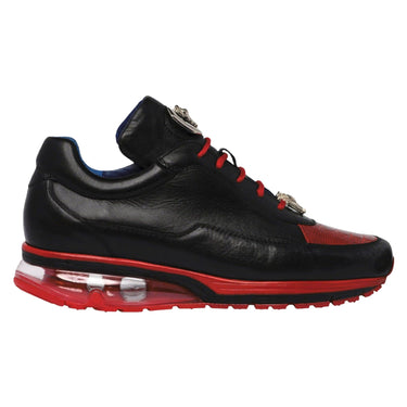 Belvedere Flash in Black / Red Caiman Crocodile / Patent / Ostrich Leg High-Top Sneakers in Black / Red