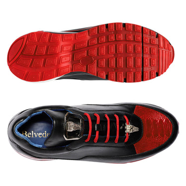 Belvedere Flash in Black / Red Caiman Crocodile / Patent / Ostrich Leg High-Top Sneakers in #color_