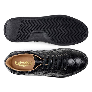 Belvedere Kingstone in Black Exotic Pirarucu Lace-Up Casual Sneaker