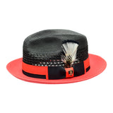 Bruno Capelo Belvedere 2-Tone Straw Fedora Hat Snap Brim in Black / Red