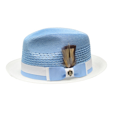 Bruno Capelo Belvedere 2-Tone Straw Fedora Hat Snap Brim in Light Blue / White