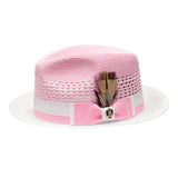 Bruno Capelo Belvedere 2-Tone Straw Fedora Hat Snap Brim in Light Pink / White