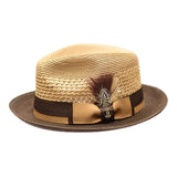 Bruno Capelo Belvedere 2-Tone Straw Fedora Hat Snap Brim in Tan / Dark Brown