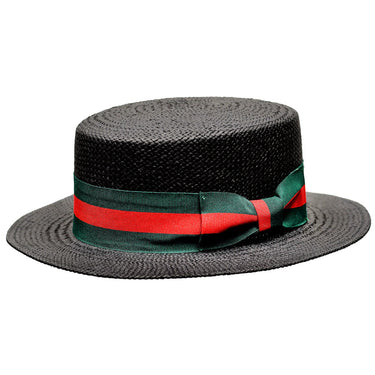 Bruno Capelo Boater Straw Flat Brim Skimmer in Black / Red / Green