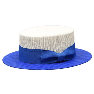 Bruno Capelo Boater Two-Tone Straw Flat Brim Skimmer in White / Blue