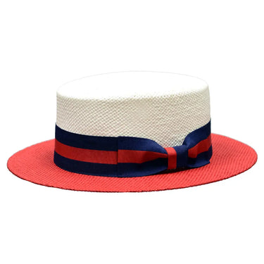 Bruno Capelo Boater Two-Tone Straw Flat Brim Skimmer in White / Red / Blue #color_ White / Red / Blue