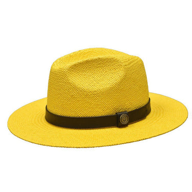 Bruno Capelo Cali Wide Brim Pinch Front Straw Fedora in Gold / Black