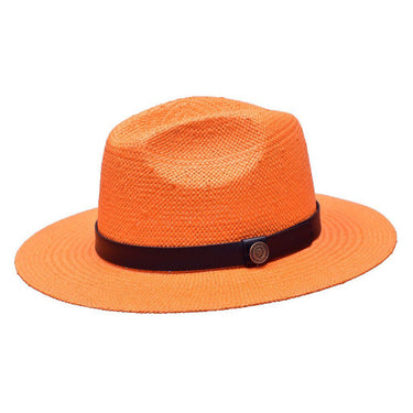 Bruno Capelo Cali Wide Brim Pinch Front Straw Fedora in Orange / Black