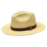 Bruno Capelo Cali Wide Brim Pinch Front Straw Fedora in Natural / Dark Brown
