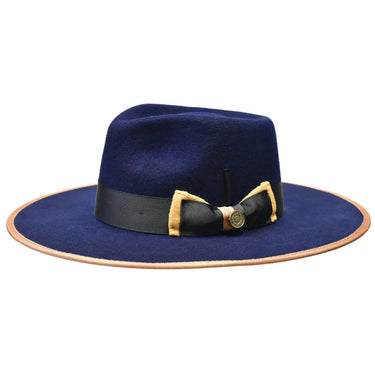Bruno Capelo Cleveland Wide Brim Wool Fedora in Navy / Cognac