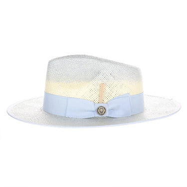 Bruno Capelo Gian Pinch Front Wide Brim Straw Fedora in Light Blue / Ivory #color_ Light Blue / Ivory