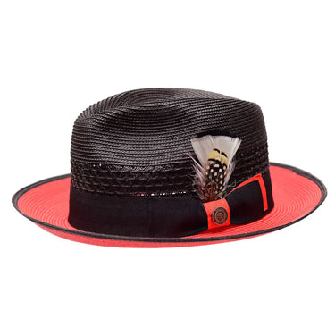 Bruno Capelo Havana Pinch Front Straw Fedora in Black / Red #color_ Black / Red