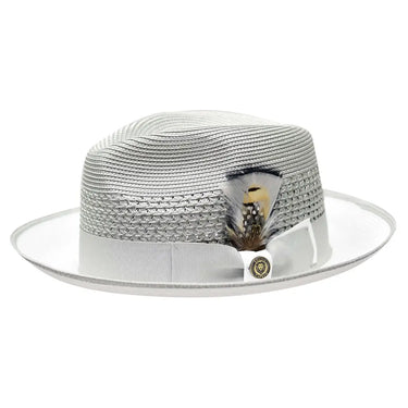 Bruno Capelo Havana Pinch Front Straw Fedora in White / Silver