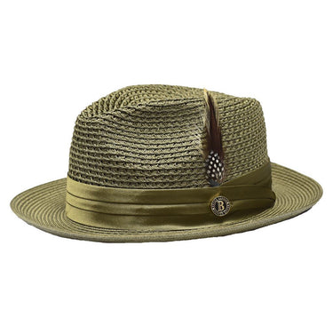 Bruno Capelo Julian Pinch Front Straw Fedora in Olive #color_ Olive