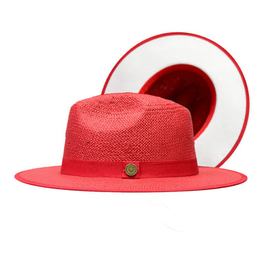 Bruno Capelo Kingdom Color Bottom Wide Brim Straw Fedora in Red / White